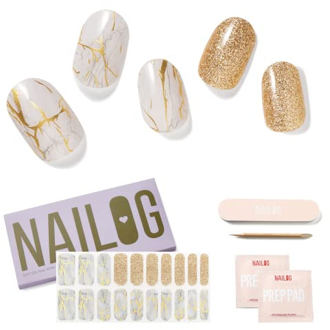 NAILOG Nagelfolie UV Härtend 20 Stück UV Nagelfolie - White Marble | 20 extra lange Streifen, Gel-Nägel in Salonqualität zum Selbermachen, langanhaltend, HEMA-frei, vegan, einfach und sicher