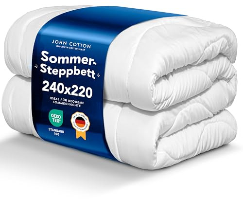 John Cotton New Way Bettdecke 240x220 - Leichte Steppdecke für Sommer | Super Weiche & Atmungsaktive Allergiker Sommerdecke | Oeko-Test Zertifiziert Decke | 220x240 Dünne Decken | Bettdecken | Weiß
