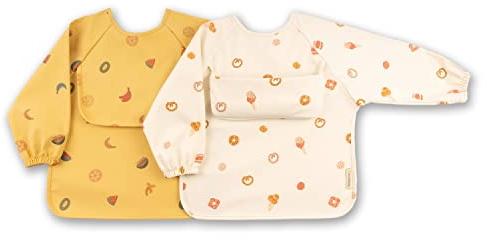 ÜneeQbaby Bavoirs imperméables pour bébés et tout-petits - Lot de 2, manches longues Oeko-TEX avec poche, style combinaison intégrale (Petit 6 à 18 mois, Fruits orange, bonbons marron)