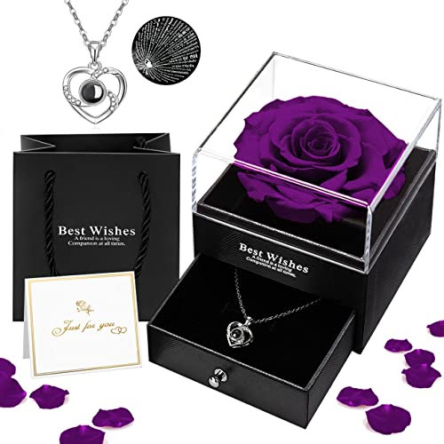 Ewige Echte Rose, Schmuck-Geschenkbox mit I Love You Halskette in 100 Sprachen Konservierte Rosen Blumen Freundin Frau Frauen zum Geburtstag Muttertag Hochzeit Jahrestag