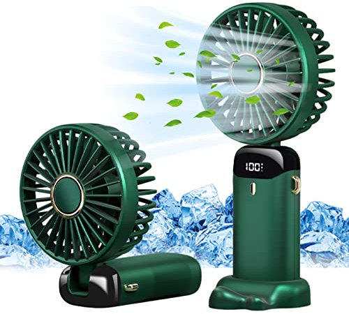 Jsdoin Hand Held Fan,Portable Handheld USB Rechargeable Fans with 5 Speeds,Battery Operated Mini Fan Foldable Desk Desktop Fans with LED Display for Home Office Bedroom Outdoor Travel (Green)