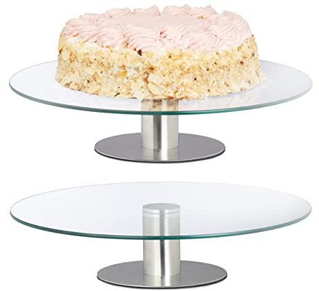 Relaxdays Plateaux à gâteaux avec Pied, lot 2, rotatifs, diamètre de 30 cm, Supports en Verre, Transparent - argenté | rotatifs, diamètre de 30 cm, supports en verre