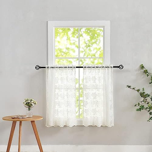 YJ YANJUN Lace Kitchen Curtains 24 inch Length Sets Vintage Sheer Rv Curtains for Camper Windows Cream Kitchen Window Curtains Over Sink Bistro Crtains for Narrow Windows 2 Panels 26 x 24 Ivory