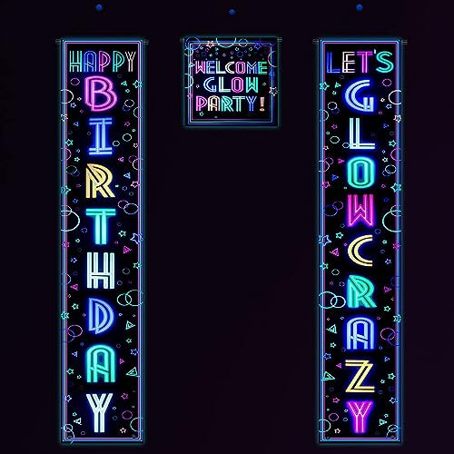 XJLANTTE Décorations de fête en néon Phosphorescent - Bannière de Porte 'Happy Birthday', Panneau de Porche Phosphorescent 'Let's Glow Crazy', Toile de Fond, Panneau de Porte phosphorescent-01