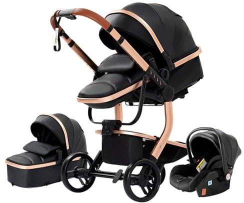 MoLi PU-Leder Kinderwagen 3 in 1, Kinderwagen mit Umkehrbarem Doppelschiebemodus, Buggy Großer Bequemer Babywanne, Kombikinderwagen 3 in 1 Rahmen Aluminiumlegierung Faltbar Hohe Landschaft (518 Black)