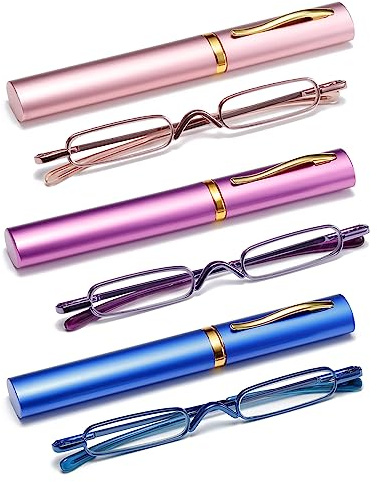 OWTXIS 3er-Pack Mini Schlanke Stift-Lesebrille - Kompakte Lesegeräte mit Stiftclip-Etui Federscharnier Metallrahmen Brillen
