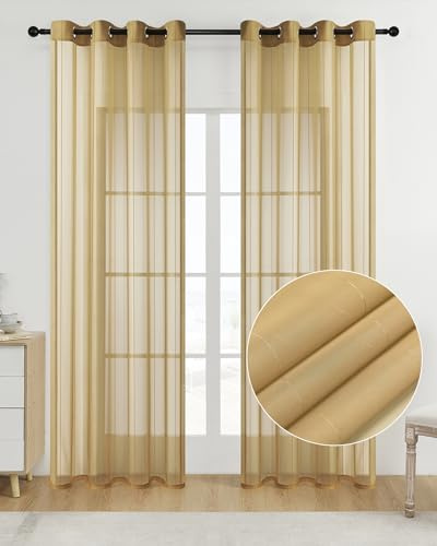 MISSTIAM Foil Stripe Gold Sheer Curtains 84 inches Length 2 Panels with Grommets 52 inches Widith, Semi Transparant Curtains for Living Room and Multiple Rooms, Light Filtering Window Treatment
