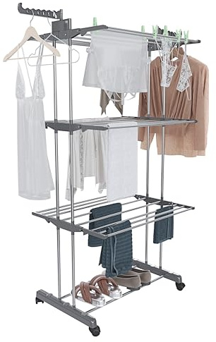 Arreditaly Stendibiancheria A Rotelle Stendino A Torre Verticale In Acciaio E ABS 4 Piani Ripiani Pieghevole Modulabile Salvaspazio Con Ali Richiudibile Interno Esterno 169 x 75.5 x 63.5 Cm (Grigio)