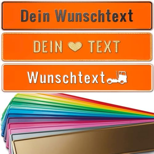 1 Stück Fun Kennzeichen 52cm x 11cm mit Wunschtext Individuell Wunschkennzeichen Wunschprägung Namens Kennzeichen Aluminium Namensschild | Individuelles Fun-Kennzeichen (orange)