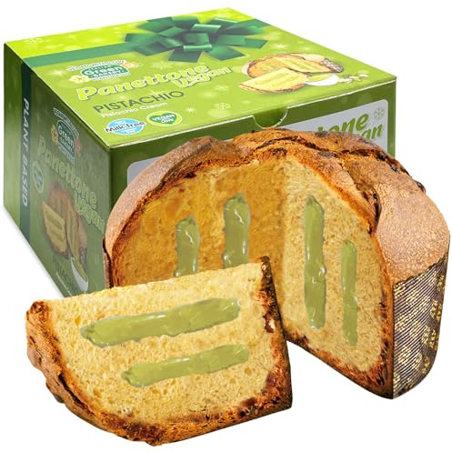 Dolce di Natale Vegano al Pistacchio, 750 gr, Panettone Senza Lattosio, Panettone Senza Burro e Senza Uova, Dolce Vegan Farcito con Crema al Pistacchio, Impasto con Lievito Madre, Made in Italy