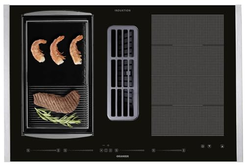 Oranier Induktionskochfeld 80 cm KFA690 - Flächen-Kochfeld Abluft-Umluft Dunstabzug Multi-Slider - Grillplatte halbgeriffelt & Edelstahl Seitenleisten