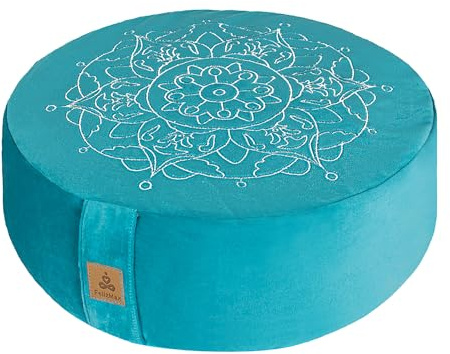 Round Velvet Meditation Pillow Embroidery D=13/16 H=5.5 Yoga Bolster Floor Pouf Zafu Buckwheat Meditation Cushion Sitting on Floor Removable Organic Cotton Cover Kneeling Pillow (Cyan Blue)