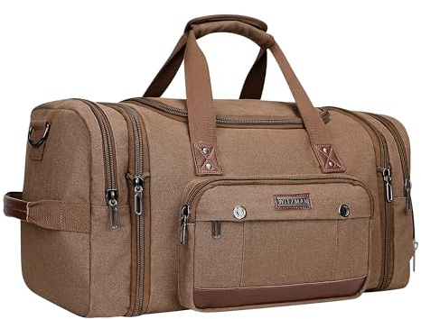 WITZMAN Reisetasche Herren Canvas Erweiterbar Konvertierbar Sporttasche | Von 40L auf 50L Erweiterbar, Mit Schuhfach und Nass-Trennfach, Handgepäck Flugzeug, Für Reisen, Weekender, A8007 Braun