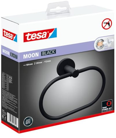tesa Moon Black Handtuchring, matt schwarz - Handtuchhalter-Ring oval - zur Wandbefestigung ohne Bohren, inkl. Klebelösung - 53 mm x 184 mm x 130 mm