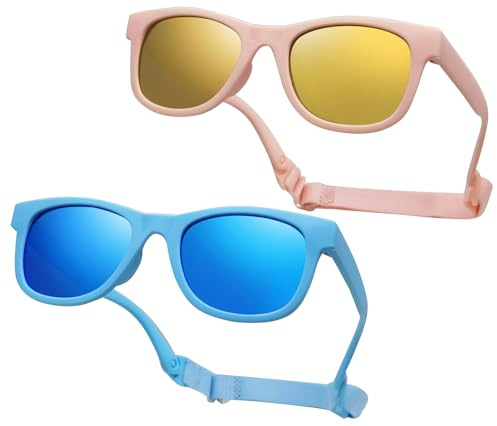 COOLSOME Kids Flexible Polarized UV400 Sunglasses with Strap For Boys Girls Toddler 0-10 (2, peach+blue/mirrored(2-4 yrs), 42mm)