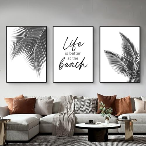 Herfair Poster 3er Set, Schwarz Weiß Bilder Pflanzen, Moderne Palmwedel Blätter Leinwandbilder, Moderne Wandbilder für Wohnzimmer Schlafzimmer Deko,Ohne Rahmen (30x40cm)