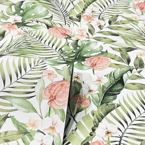 SOPHIE LAURENCE Exotic Tropical Floral Wallpaper - Green and Pink Flowers on White, Smooth Finish, Spongeable, Wet Removable, Paste The Paper, 0.53m x 0.53m Sample, Suitable for Any Room