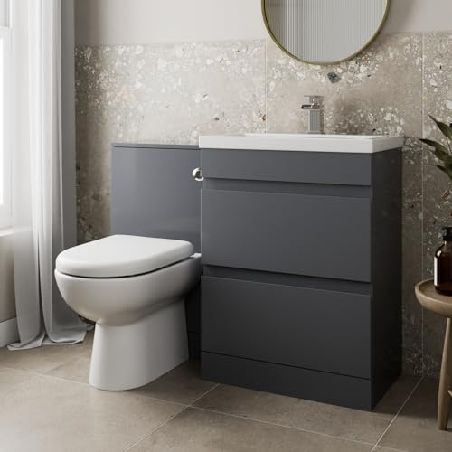 Artis 1100mm L Shape Bathroom Vanity Sink Unit Furniture Storage Grey Gloss Vanity Unit + Basin + Ceramic D Shaped Toilet with Concealed Cistern
