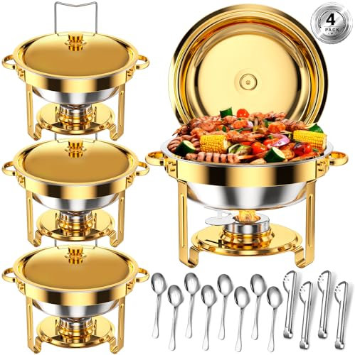 Keyoxy Round Chafing Dishes for Buffet 5 Qt,High Grade Chafing Dish Buffet Set with Stainless Steel Lid & Lid Holder,Full Size Pan,Food Warmers for Parties,Buffet,Wedding, Birthday 4 Pack (Gold)