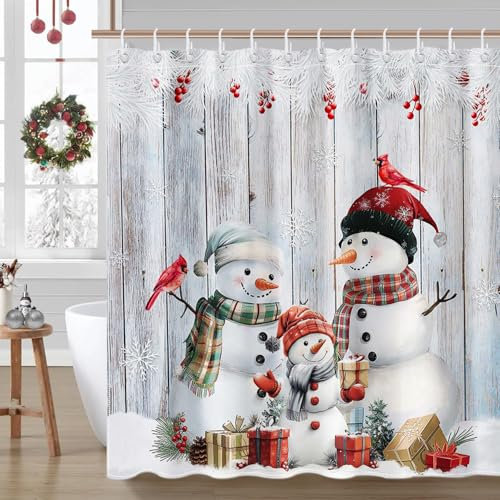 Avezano Christmas Winter Snowman Shower Curtain Wood Board Snowman Farmhouse Bathroom Shower Curtain Winter Christmas Holiday Waterproof Bathtub Curtain Decor with 12 Hooks 72 X 72 Inches