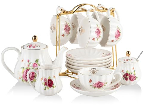 Porcelain Tea Sets British Royal Series, 8 OZ Cups & Saucer Service for 6, with Teapot Sugar Bowl Cream Pitcher Teaspoons and Tea Strainer, Suitable for High Tea, Wedding, Party (Midsummer Rose)