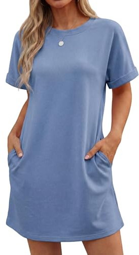 GRECERELLE Womens Summer Mini Dress Cap Sleeve Crew Neck T Shirt Short Casual Beach A Line Dresses with Pockets (Denim Blue, L)