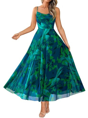 BTFBM Women Summer Floral Maxi Dresses Elegant Spaghetti Strap Dress Printed Party Dress Beach Long Dresses(Floral Green,X-Large)