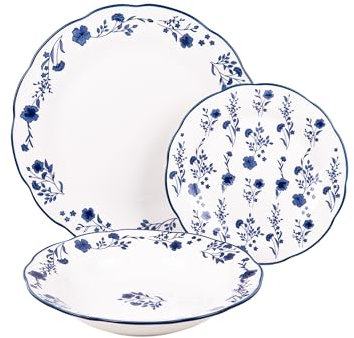 Cofan Vajilla de porcelana esmaltada | Juego de 18 piezas | Diseño floral azul y blanco | Apta para lavavajillas, microondas y horno