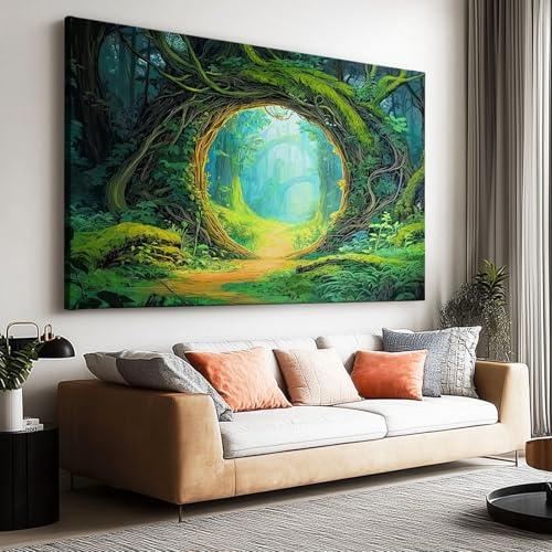 Generisch Panoramabild 160 x 80 cm (L x B) Grün Poster ohne Rahmen, Wohnzimmer Deko Modern Fantasy Wald Weinreben Moos Muster Wandbild Kunstdruck auf Leinwand Bild Bett Room Decor