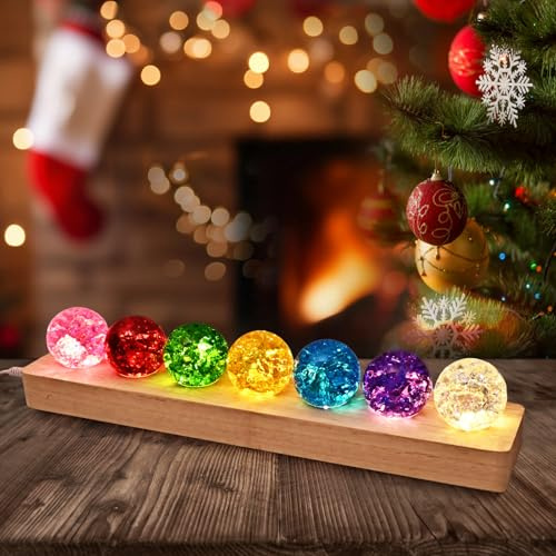 7 Cracked Crystal Ball Decoration with LED Wooden Base Decoration Ornament 40mm Ice Cracked Luminous Crystal Ball Ornament,Best Choice for Gift Giving (Color)