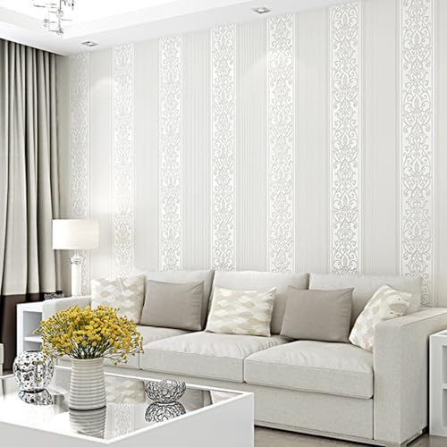 ESSMOKO Papier peint intissé épais et respectueux de l'environnement papier peint pour chambre à coucher salon rayures verticales 3D mur de fond chaud blanc cassé 53 * 950 cm