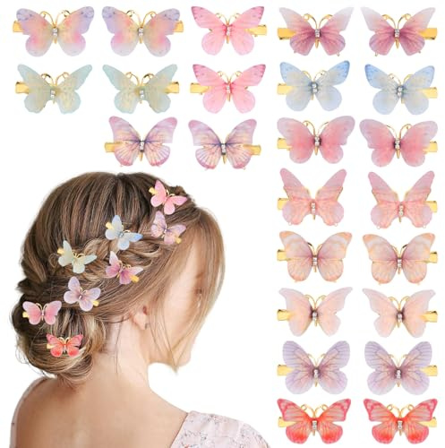 24 Stück Schmetterling Clip,3D Bunt Schmetterling Haarspange,Glitzer Bewegen Metall Haarklammer Schmetterlings,Stylische Butterfly Hair Clips für Mädchen Damen Kinderhaar Accessoire