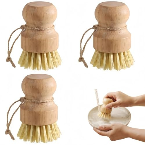 3-Piece Wooden Kitchen Brush Set, Dishwashing & Dish Scrubbing Brush, Multipurpose Washing Up Brush for Cutlery, Cookware, Shellfish and Sinks