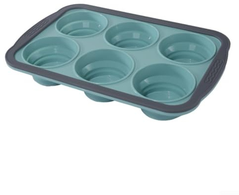 Moule à muffins sans silicone pour la cuisson avec 6 tasses, fond flexible pour un démoulage sans effort, passe au four avec cadre en métal renforcé pour plus de stabilité et de durabilité (bleu)