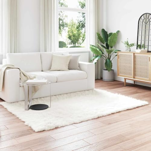 Tonture Konstfårskinnsmatta vit 120 x 170 cm, rektangulär flokati för vardagsrum sovrum, modern golvmatta av polyester, mjuk fuskpäls för mysig dekoration