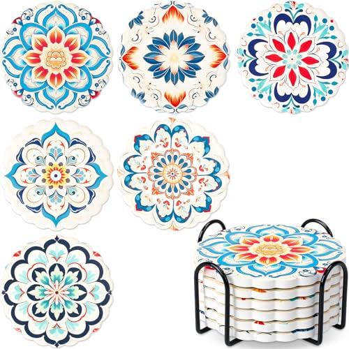 COEWUR 6er Set Keramik Untersetzer, Untersetzer für Getränke Runde saugfähige Untersetzer mit Metallhalter Glasuntersetzer 10.3cm Mandala untersetzer Gläser für Tassen, Vasen, Kerzen, Dekoration