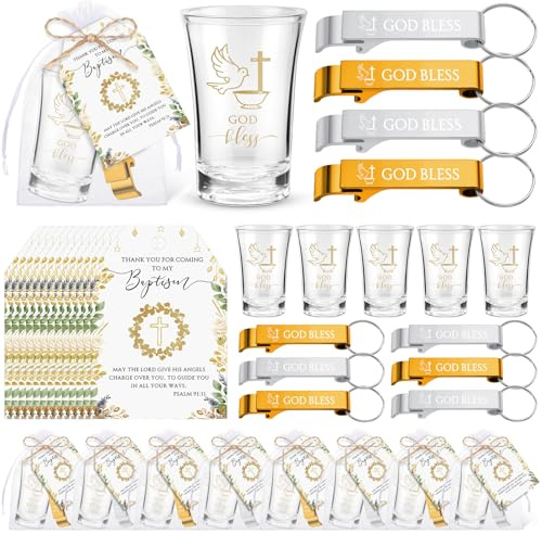 Bokon 24 Set Baptism Favors for Guests bulk God Bless Shot Glasses Bottle Opener Keychain Thank You Cards Baby Shower Gifts First Communion Souvenirs Christian Gifts for Christening Church (Classic)
