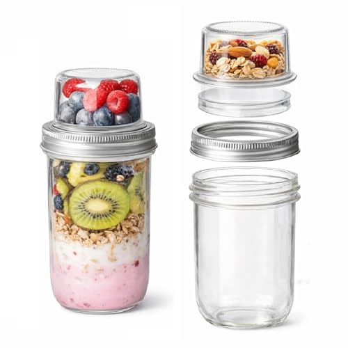 Mtiemxig Müslibecher to Go aus Glas, 2er Set für Overnight Oats, 480+120 ml | Mit separatem Toppingfach für Joghurt, Müsli, Obst und Nüsse; ideal für Meal Prep, Büro, Schule und unterwegs.