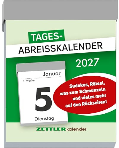 Tagesabreißkalender M 2027: Abreißkalender 5 x 7 cm, 1 Tag pro Seite mit Sudoku, Sprüchen, Rätseln & Rezepten auf den Rückseiten