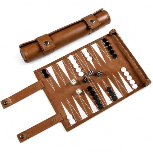 BOFITENG Backgammon de viaje, juego de backgammon portátil de piel, juego de viaje, clásico juego de backgammon para exteriores, viajes y ocio (marrón