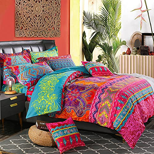 AShanlan Bohemian Bettwäsche Set 135x200 Rot Grün Bunt Boho Indisch Wendebettwäsche 2 Teilig 100% Mikrofaser Böhmisch Bettbezug mit Kissenbezug 80x80 für Einzelbett