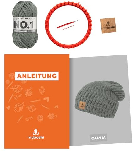 myboshi Strickring-Set Mütze Calvia, inkl. No.1-Wolle, Anleitung, Wolle und Label, für Anfänger geeignet, Loom-Set 30% Merinowolle Grau, mit Strickring