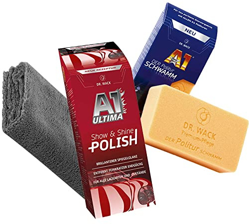 detailmate Rengörings- och skötselset: Dr. Wack A1 Ultima Show & Shine Polish 250 ml Dr. Wack A1 polersvampen mikrofiberduk 40 x 40 cm, 550 GSM, grå