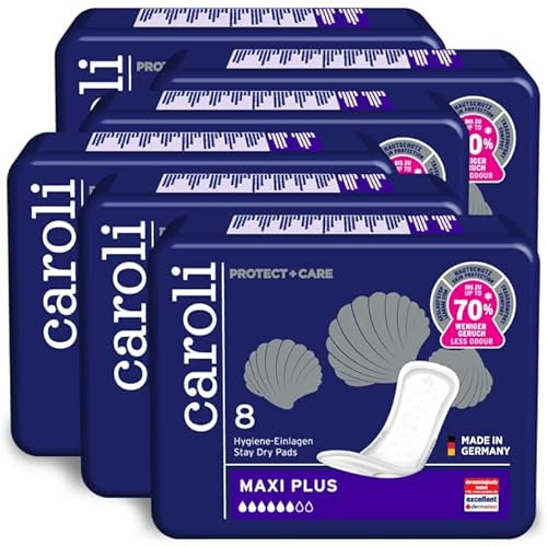Caroli Maxi Plus Damen Hygiene Einlagen für mittlere Blasenschwäche, diskreter Schutz bei Inkontinenz Vorteilspack 6 x 8 Stück
