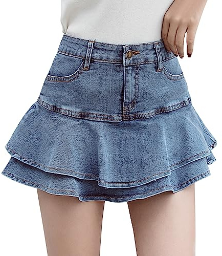 Women's A Line Flare Jean Mini Skirts Y2K Ruffle Hem Short Petite Pleated Denim Mini Skirt with Built in Shorts