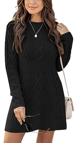 Ebifin Sweater Dresses for Women Elegant Jumper Dresses Knitted Round Neck A-Line Mini Dress Winter Pullover Dresses.Black.XL