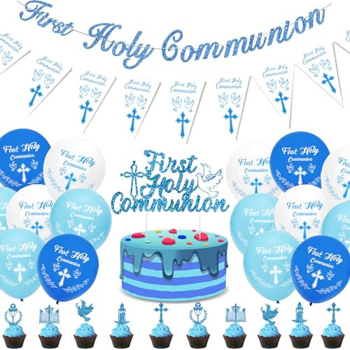 Blue Holy Boy First Communion Decorations - 25pcs Confirmation Decorations Set, Includes 1 Banner, 1 Pennant, 12 Balloons, 11 Cake Topper