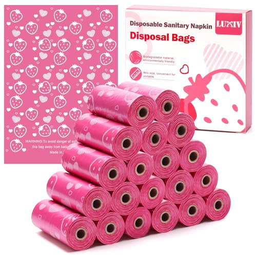 300P Sanitary Napkin Disposal Bags, Luxiv Disposable Sanitary Bags Rolls Personal Care Disposal Bag for Diapers, Tampons, Pad Period Bag Disposal Feminine Hygiene Products Bags with Scent (Pink)