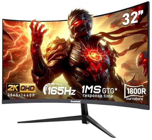Gawfolk 32 inch 2K QHD(2560×1440P) 165Hz Curved Gaming Monitor,PC Screen, 1ms，FreeSync, 98% sRGB，178° Wide Viewing Angle，DisplayPort、HDMI, Wall Mount Compatible 100 * 100MM Wall - Black