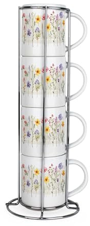 Purely Home Set di 4 tazze impilabili con fiori selvatici, graziose tazze da tè/caffè in ceramica color crema con supporto in metallo